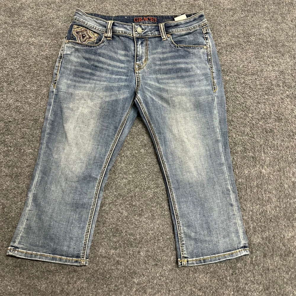 Grace in LA Capri Jeans Womens Size 31 Blue Denim Embroidered Slim Fit Casual